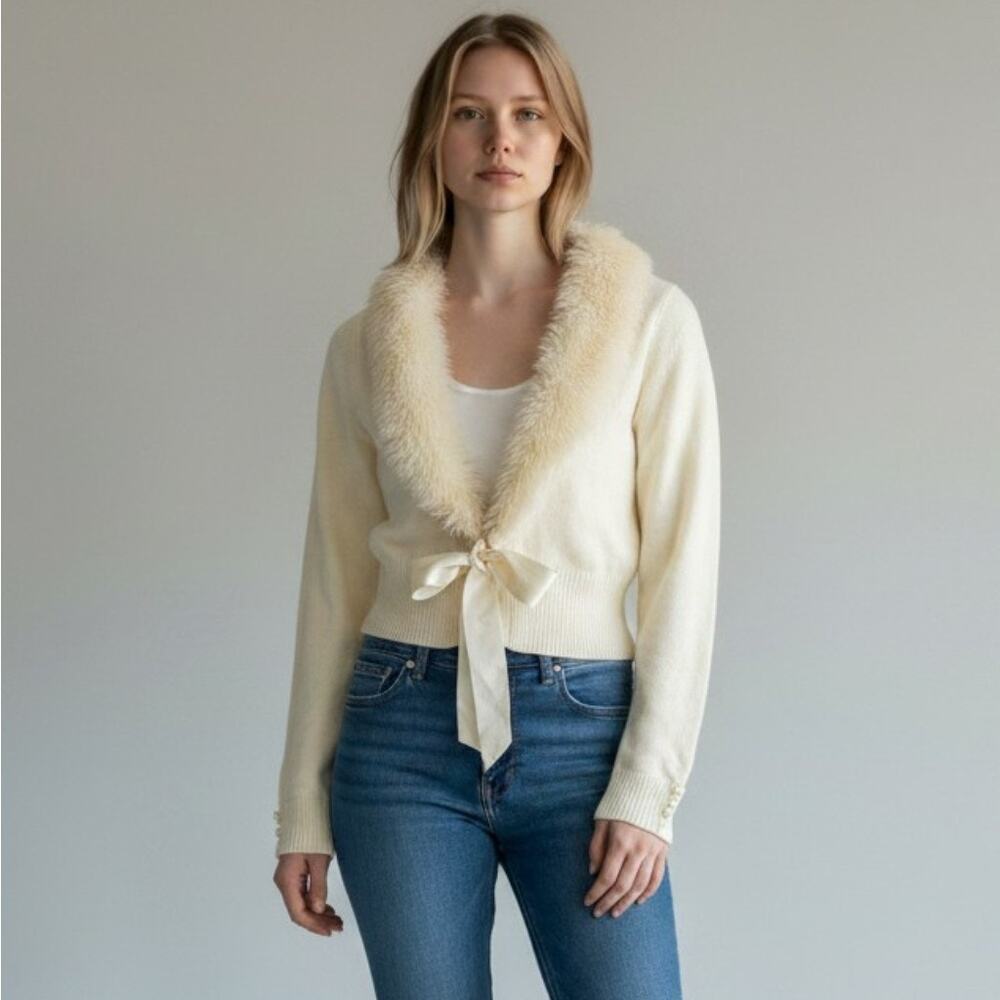 One Step Up Cardigan Small Beige Faux Fur Collar Bow Tie Pearl Cuff Cropped